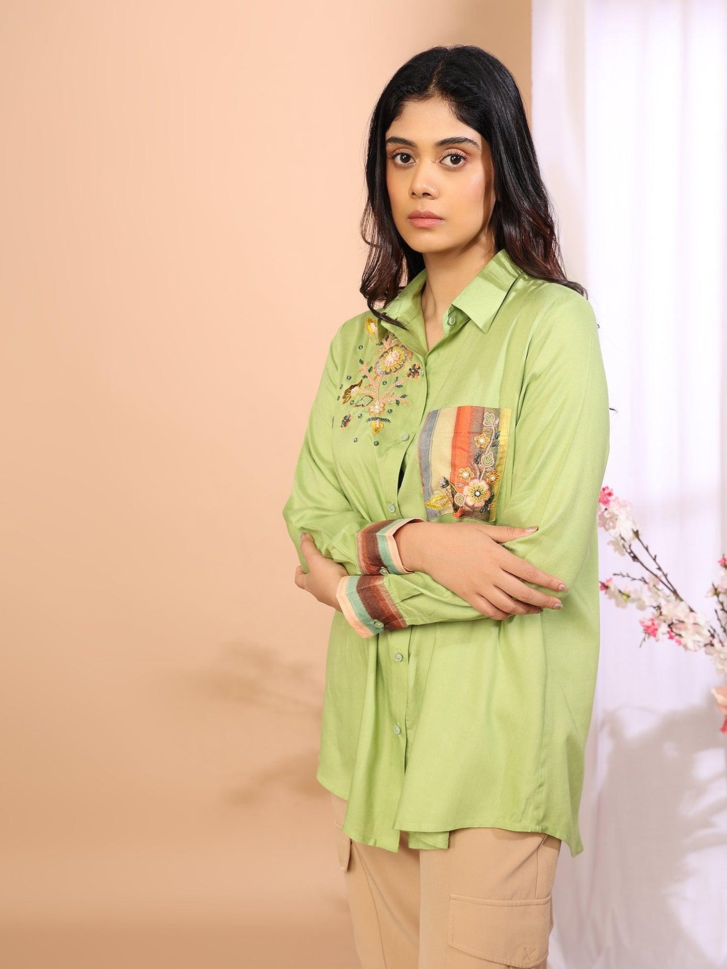 Verdant Elegance Embroidered Shirt - Amore