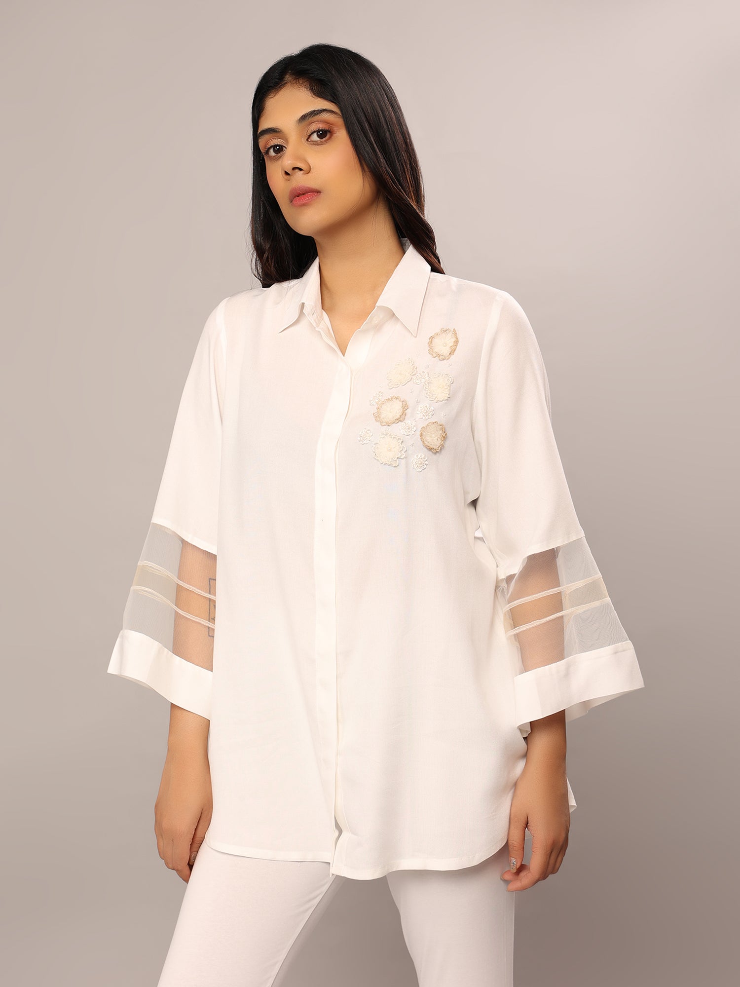 Ethereal Blossom Sheer Sleeve Shirt - Amore