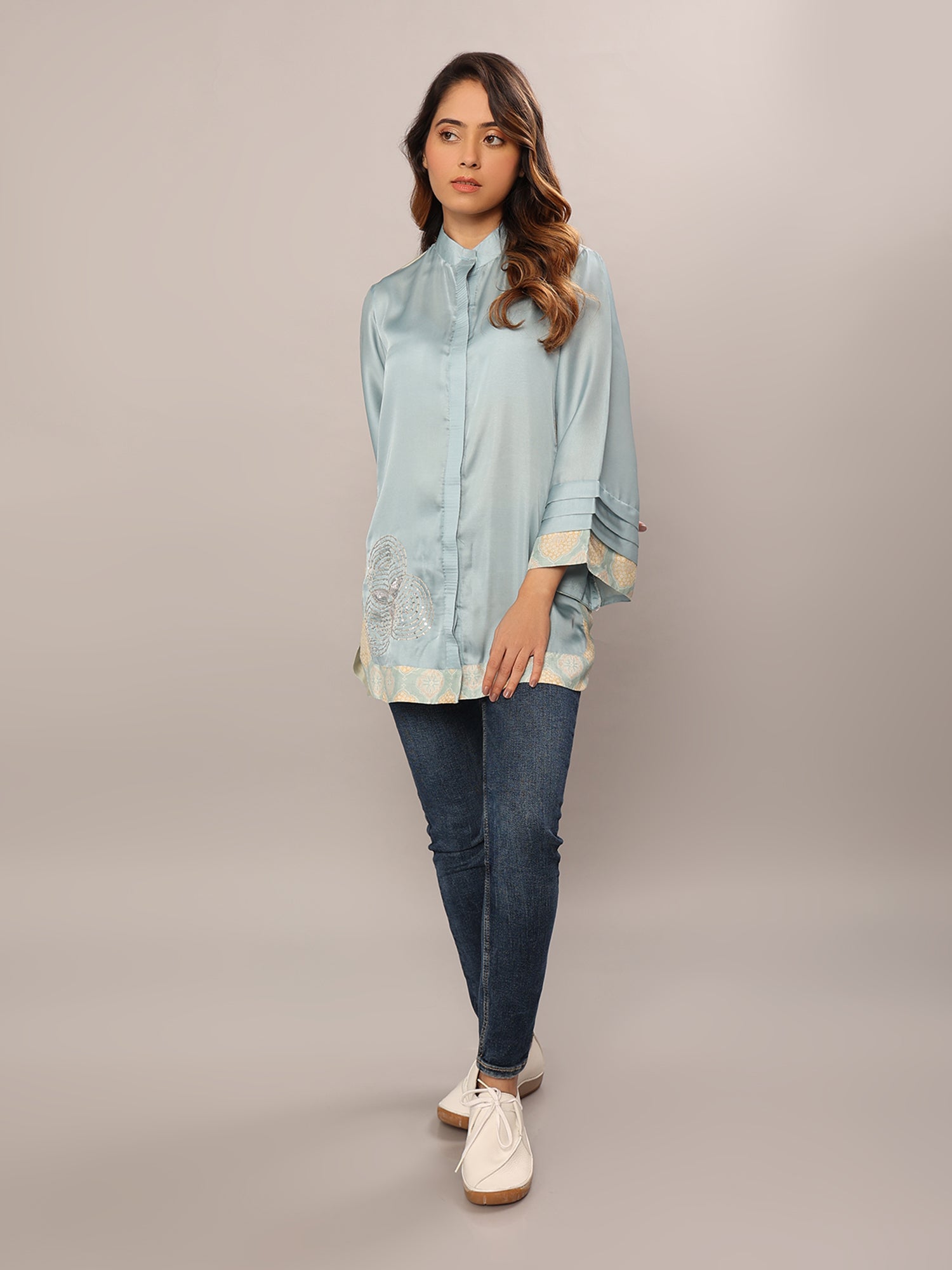 Sky Blue Boho Chic Patchwork Shirt - Amore