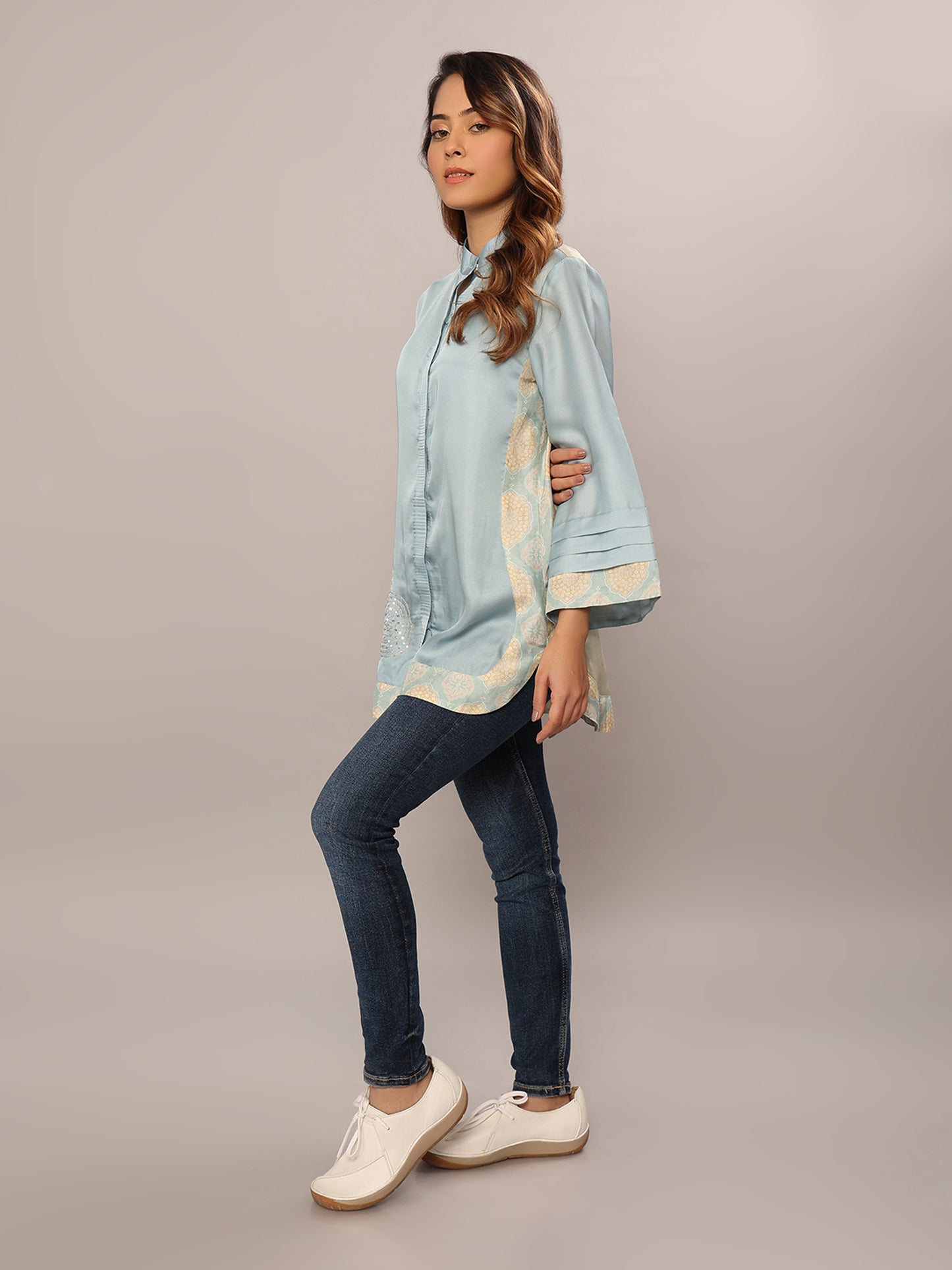 Sky Blue Boho Chic Patchwork Shirt - Amore