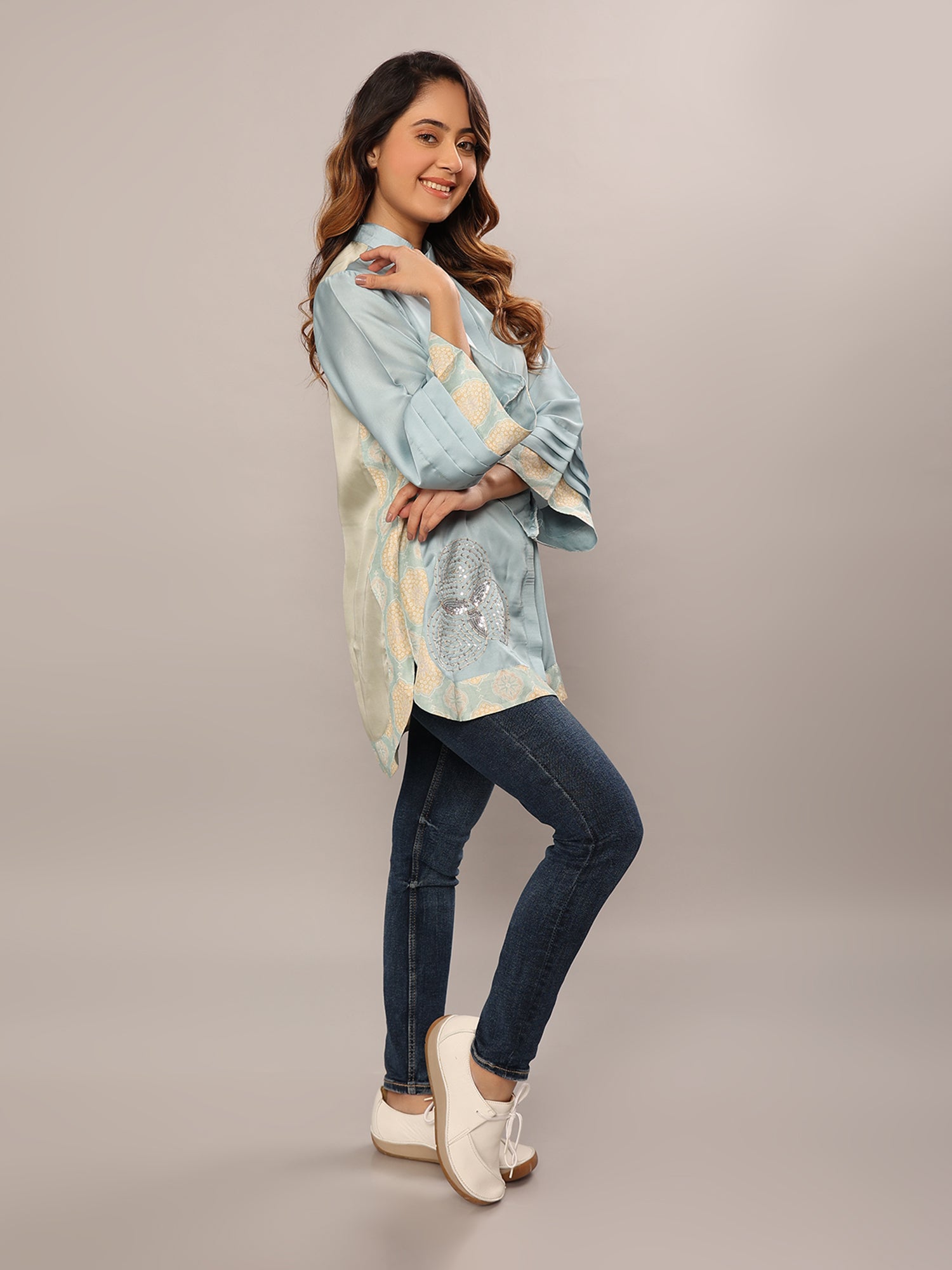 Sky Blue Boho Chic Patchwork Shirt - Amore