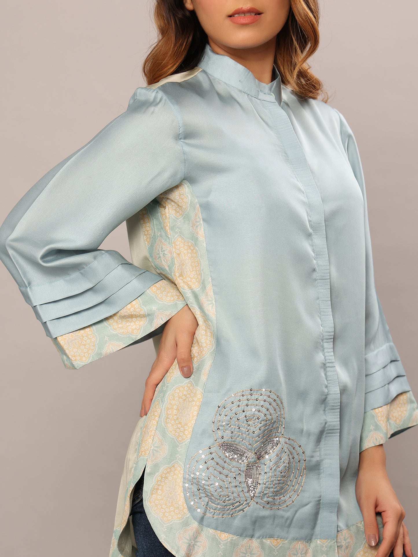 Sky Blue Boho Chic Patchwork Shirt - Amore